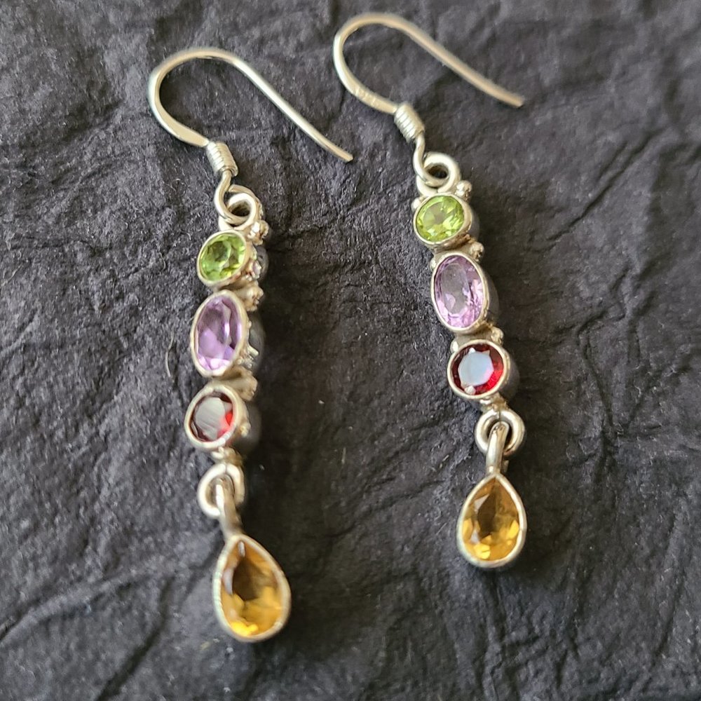 Dangle Multi Genuine Stone Earrings-Peridot, Citrine, Amethyst Stone - Picture 3 of 5